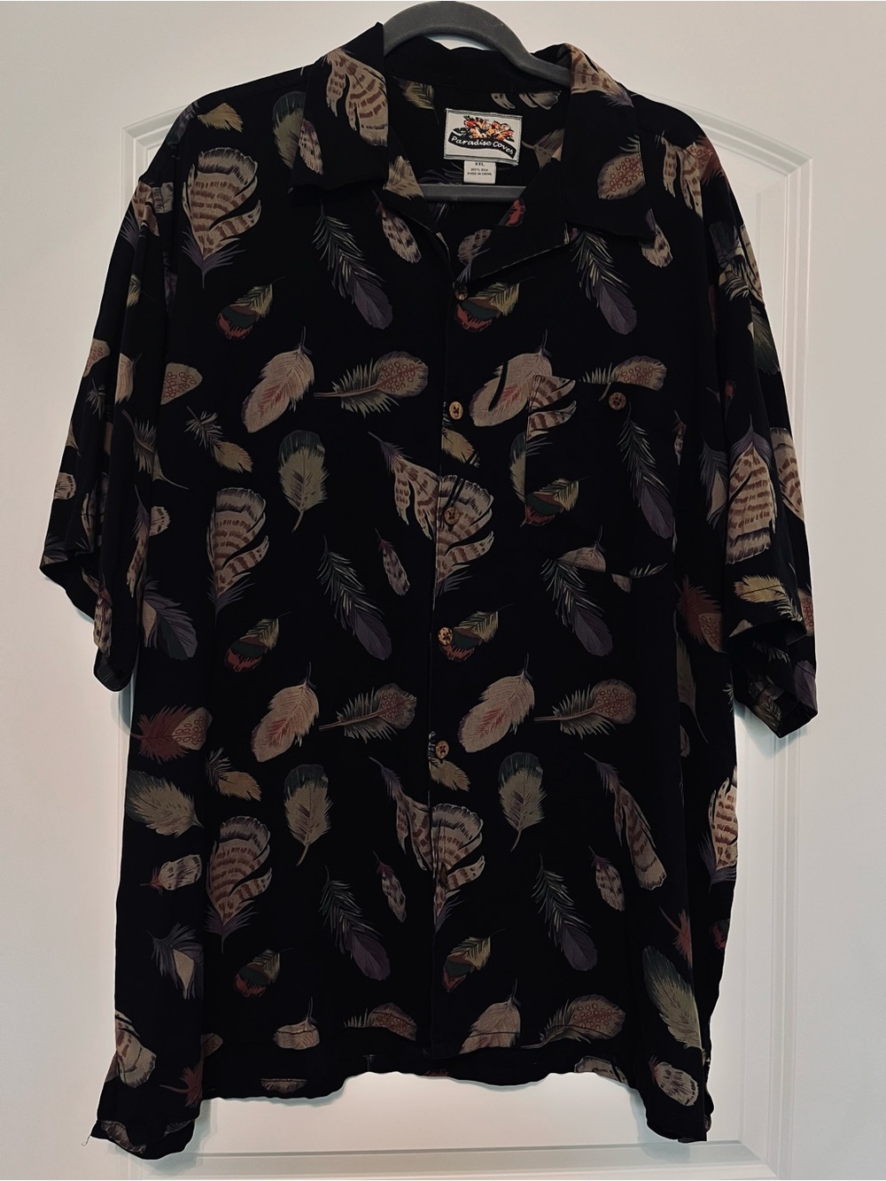 Paradise Coves Mens XXL 100% Silk Feather Print Shirt Black Short Sleeve Relaxed